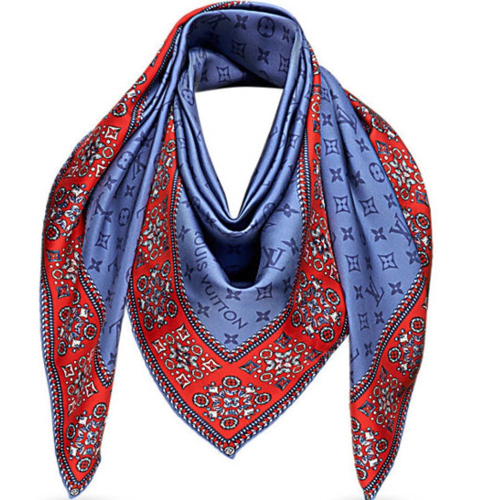 Louis Vuitton Wrap Monogram Logo Oversize Square Blue Silk Scarf - Picture 2 of 16